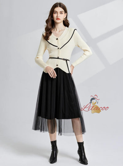 V-neck Knit Cardigan+Gauze Skirt Two-piece Suit