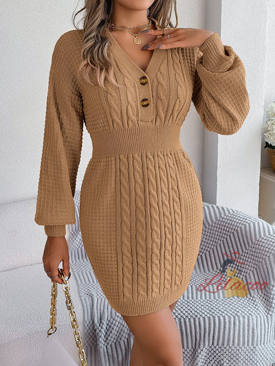 Button V-neck Twist Sweater Dress