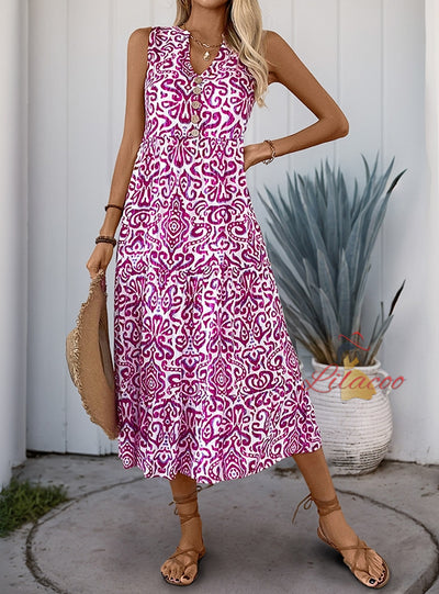 V-neck Button Printed Sleeveless Dress