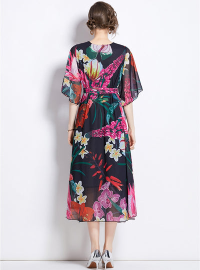 Retro Printed V-neck Five-point Sleeve Loose Dress