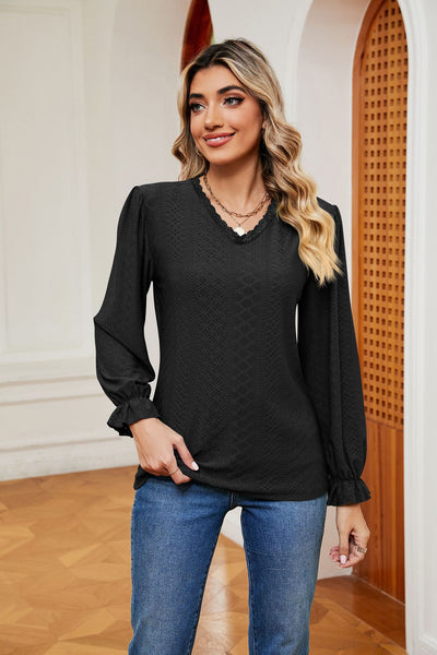 Lace V-neck Loose Long Sleeve T-shirt