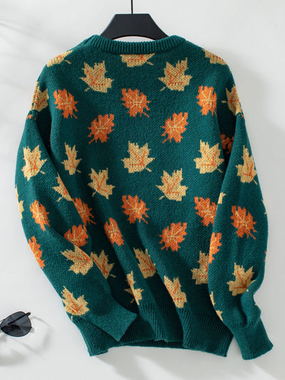 Maple Leaf Pattern Jacquard Leisure Pullover Sweater