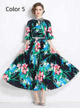 Retro Beaded Printed Pleated Dress