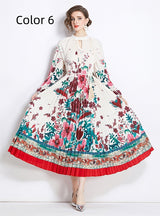 Printed Lantern Sleeve Pleated Tassel Belt Dress