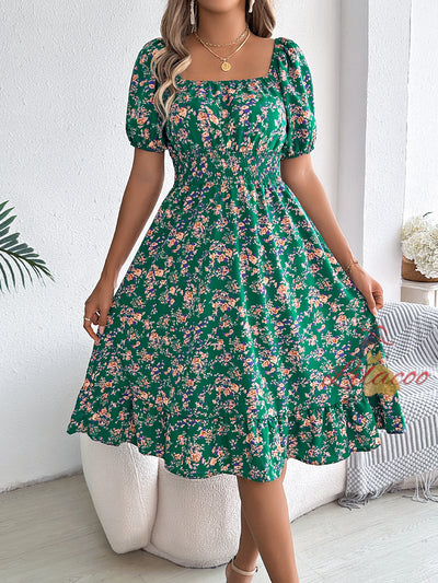 Broken Flower Square Collar Short Sleeve Dress