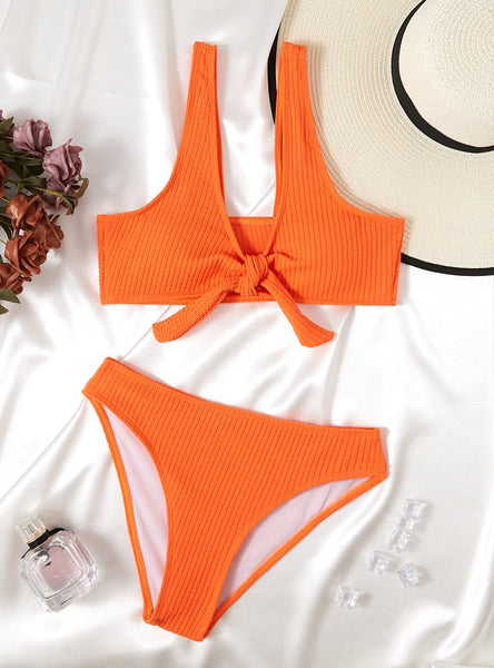 Split Pit Solid Color Openwork Bikini