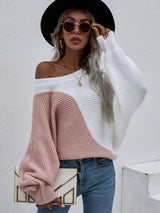 Bat Sleeve Color Matching Round Neck Sweater