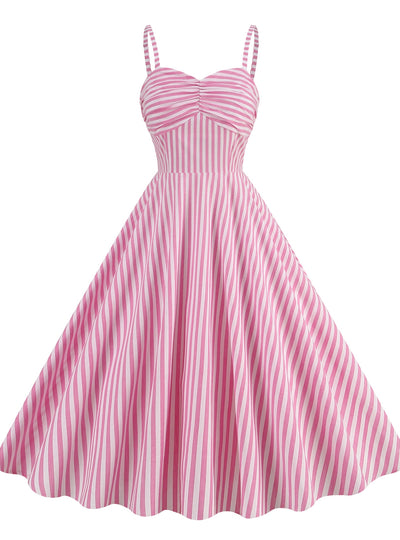 Retro Striped Suspender High Waist Dress