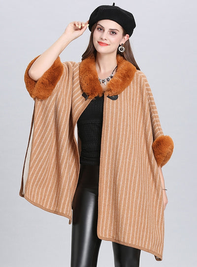 Wool Collar Striped Knit Cloak Shawl