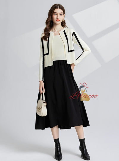 Black and White Contrast Vest Dress+Coat 2-piece Set