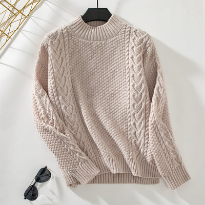 Semi-high Neck Split Loose Long Sleeve Sweater