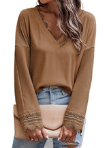 Solid Color Lace V-neck Long Sleeve Shirt
