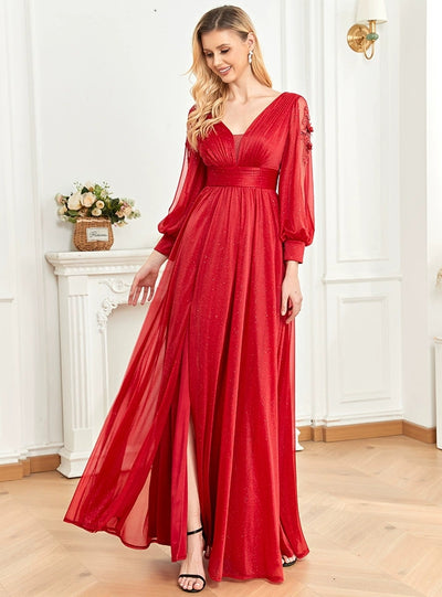 Long Sleeve Slit V-neck Prom Dress