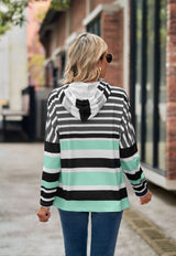 Geometric Stripe Printed Long Sleeve Hoodie Top