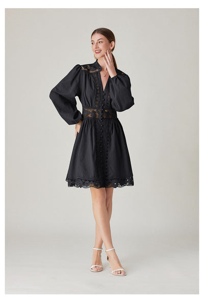 V-neck Stitching Lace Long Sleeve Dress