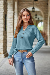 Casual V-neck Button Knitted Twist Long Sleeve T-shirt