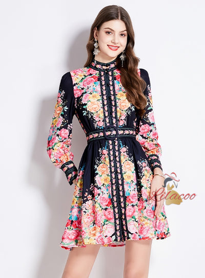 Retro Palace Stand-up Collar Breasted Lantern Sleeve Dress