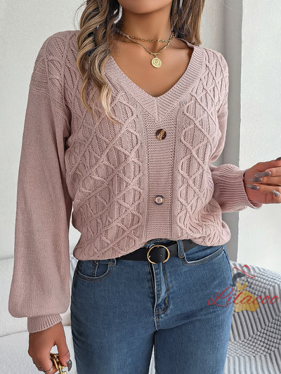 Casual Button Twist Lantern Sleeve Sweater