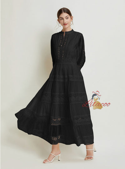 Retro Lace Stitching V-neck Lantern Sleeve Dress