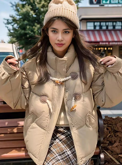 Short Horn Button Loose Hood Cotton-padded Jacket