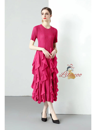 Short-sleeved Slim Ruffled Round Neck Dress