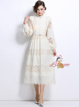 Slim-fit Stitching Lace Dress with Pearl Belt