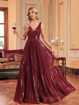 Champagne Sequins Deep V-neck Prom Dress