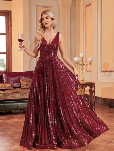 Champagne Sequins Deep V-neck Prom Dress