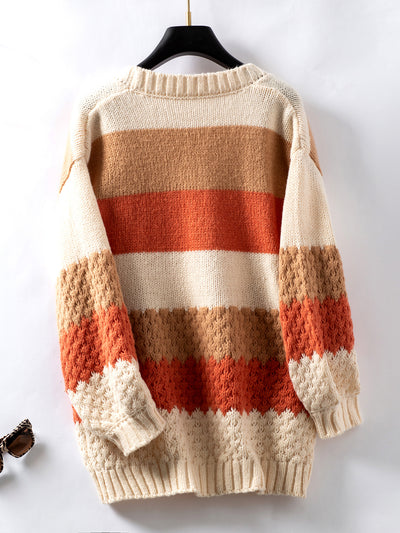 Cardigan Loose Lantern Sleeve Striped Sweater