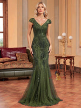 Dark Green Mermaid Sequins V-neck Prom Dress