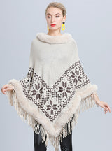 Flower Jacquard Fur Collar Fringed Shawl