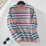 Contrast Striped Round Neck Loose Sweater