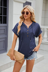 Solid Color Hooded Button Loose Short Sleeve T-shirt