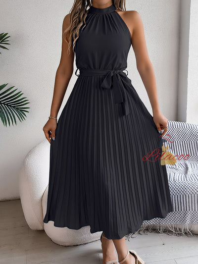 Sleeveless Silm Waist Pleated Long Dress