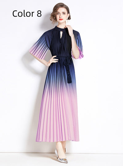 Fashion Gradient Print Pleated Long Dress