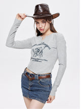 V-neck Long Sleeve T-shirt Printed Top