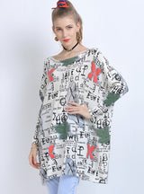 Letter Butterfly Print Loose Bat Sweater