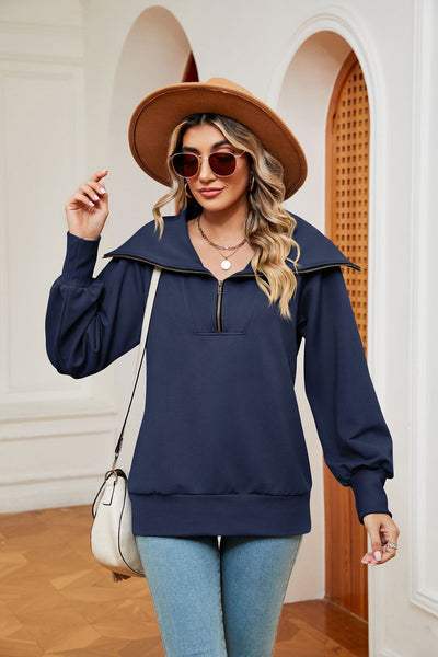 Long Sleeve Zipper Lapel Pullover Top