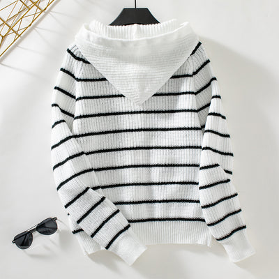 Hooded Striped Knit Cardigan Sweater