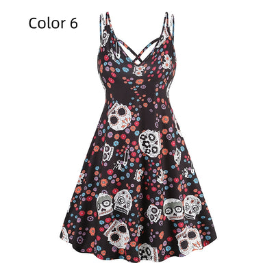 V-neck Suspender Halloween Printed Dress