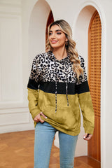 Leopard Print Contrast Stitching Pocket Long Sleeve Top