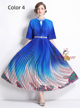 Pearl Pleated Long Beaded Print Long Dress