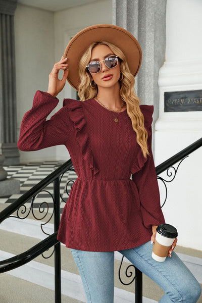 Pleated Spliced Round Neck Long Sleeve T-shirt