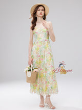 Colored Three-dimensional Flower Suspender Lace Dress