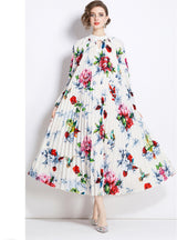 Printed Lantern Sleeve Pleated Tassel Belt Dress