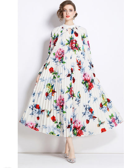 Printed Lantern Sleeve Pleated Tassel Belt Dress