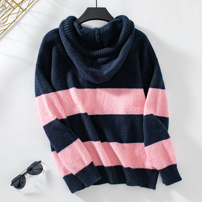 Loose Casual Hooded Contrast Pullover Sweater