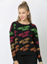 Letter Jacquard Loose Round Neck Sweater