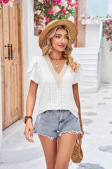 V-neck Lace Stitching Short Sleeve Loose T-shirt