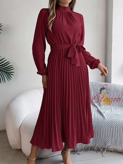 High Neck Long Sleeve Pleated Dress